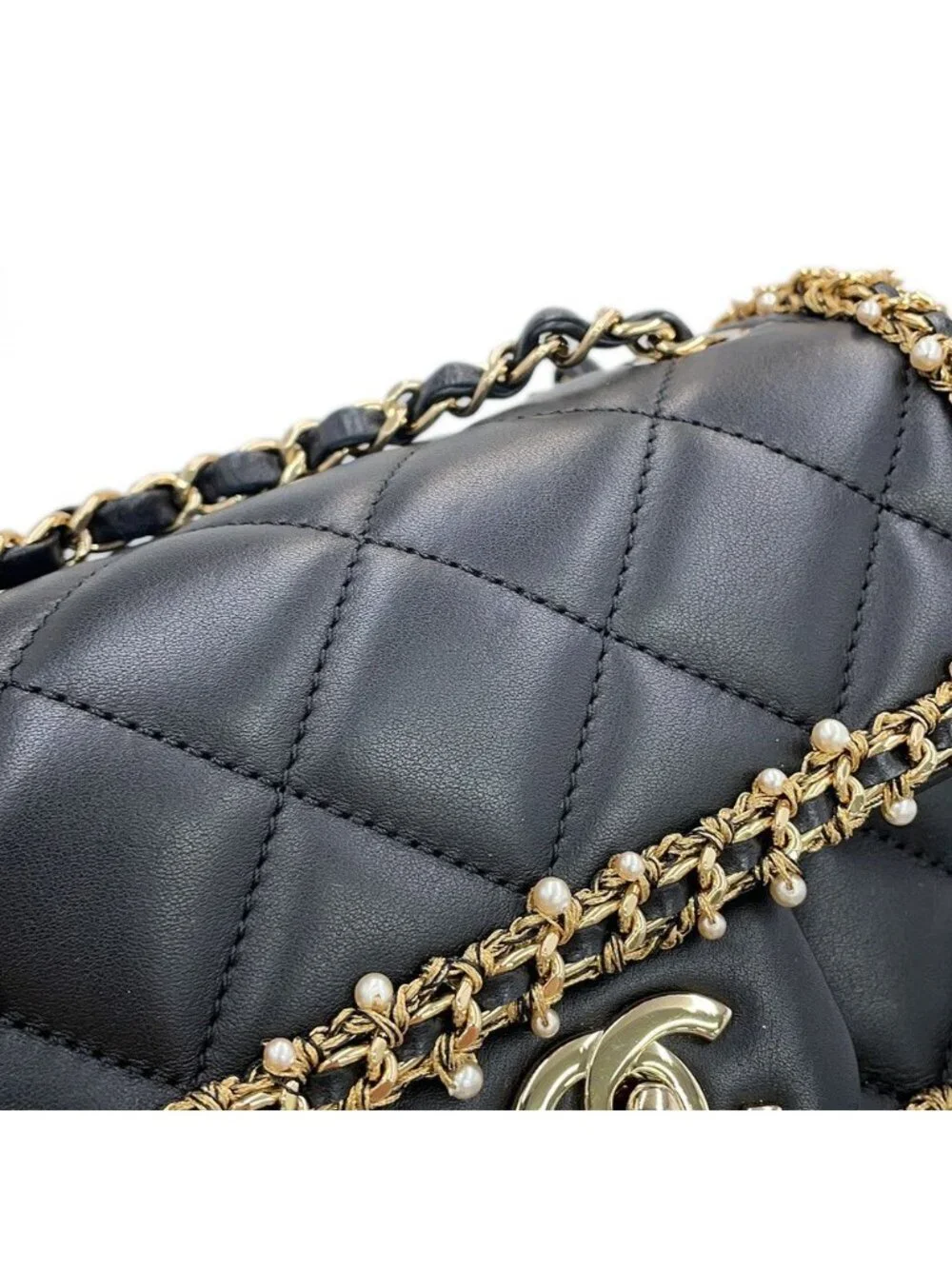 Chanel Chain Shoulder Bag Mini Quilted CC Logo Lambskin Faux Pearl Black
